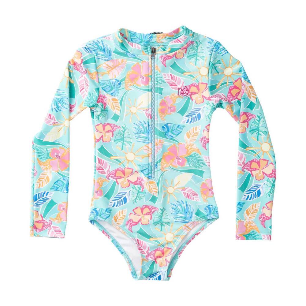 NEW PRODOH girl's palm paradise print surf & turf zip front swimsuit in multi